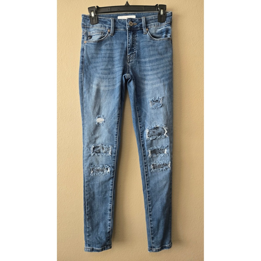 KanCan Mid Rise Distressed Leopard Patch Skinny Jeans Blue‎ KC6307D Size 3/25